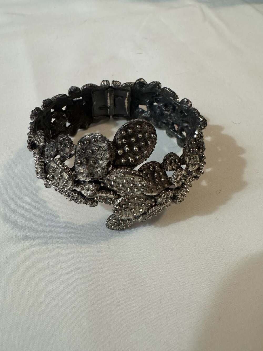 Vintage Tortolani Silver Tone Prickly Pear Cactus Hinged Cuff Bracelet